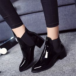 Elasticated Patent Leather Boots For Woman Winter Warm NonSlip Ankle Boots woman shoes New Arrival Solid black Snow Boots Drop Y200115