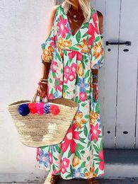 Casual Dresses Fashion Colorful Print Hem Long Dress Lady Sexy V-Neck Off Shoulder Loose Party Summer 3/4 Sleeve Bohe Beach
