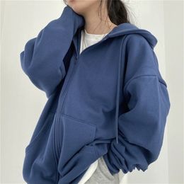 Women Oversized Hoodies Autumn Casual Solid Zipper Sweatshirts Korean Version Loose Thin Longsleeved Hooded Female Jacket Coat 220812