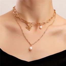 2022 Punk Multilayer Imitation Pearl Pendant Necklace Collar Female INS Vintage M Letter Clavicle Chain Jewellery on the Neck