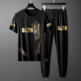 Men's Tracksuits European Goods Men's Casual Sports Suit Rhinestone Leopard Trousers Short Sleeve Two-Piece Handsome Man Trendy Silk Sum