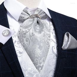 Bow Ties Luxury Silver Paisley Men Ascot Tie Wedding Formal Cravat Scrunch Self British Neck Set Pocket Square Cufflink DiBanGu Fred22