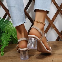 Sandals Womens White Sandal Ladies Fashion Summer Rhinestone Butterfly Elastic Chunky High Heel Women's Size 8 SparklySandals