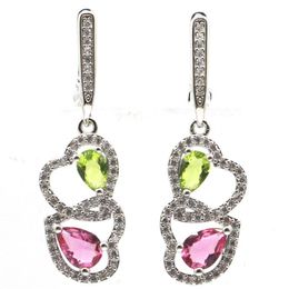 Dangle & Chandelier 37x11mm Multi Colour Pink Tourmaline Green Peridot London Blue Topaz CZ Women Gift Silver EarringsDangle