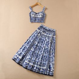 2022 Summer Spaghetti Strap Sweetheart Neck Blue Paisley Print Cotton Camisole Top & High Waist Ankle-Length Skirt Two Piece Suits 2 Pieces Set 22Q15Set