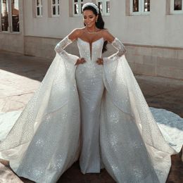White Elegant Sexy Mermaid Wedding Dresses Long Sleeves Strapless Sexy Bateau Neck Appliques Sequins Backless Beads Lace Elegant Custom Made Bridal Dresses