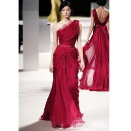 Long Red Evening Celebrity Dresses Lace Applique One Shoulder Backless Pleat Chiffon Runaway Dress Formal Gown 328 328