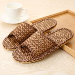 Summer Household Soft Slippers Woven Rattan Mens And Womens Household Slippers Flax Nonslip Womens Slippers Y201026