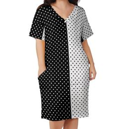 Plus Size Dresses Polka Dot Black White Casual Dress Summer Two Tone Vintage Pattern Cute Women V Neck Print Aesthetic 5XLPlus