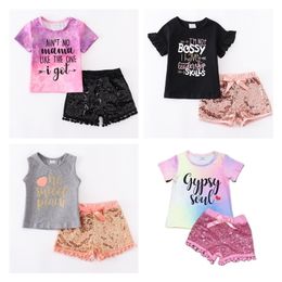 Girlymax Summer Baby Girls Children Clothes Tie Dye Lavender Black Coral Sequins Shorts Set Outfits Ruffles Boutique 220509