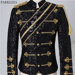 Mens Black Sequin Steampunk Blazer Jacket Stand Collar Tassel Design Blazers Men Nightclub Party Prom Rock and Roll Costumes 3XL 220815