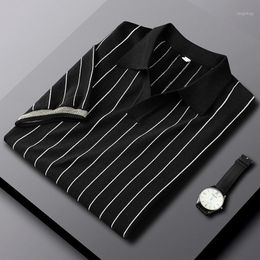 Men's Summer Ice Silk Short Sleeve Knitted Shirt Men Striped Turn Down Collar Slim Fit Tops Casual Tee Homme B44 Polos