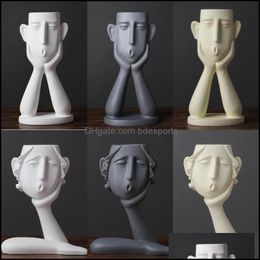 Vases Home Decor Garden 1-2Pcs Human Face Vase Man Woman Lift Cheek Flowerpots Nordic Style Office Decorative Decoration Drop Delivery 202