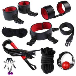 Nxy Sm Bondage Bdsm Toys Sex Kit for Women Men Erotic Handcuffs Whip Toy Anal Plug Bdsm Set Adult Sm Products Toys 220426