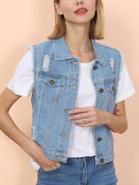 Women's Vests Spring Denim Vest Women Casual Colete Coat Vintage Cardigan Jean Sleeveless Turn-down Collar Breasted Brand Woman Clothing Str