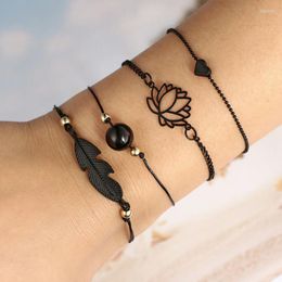 Link Chain 4pcs Bohemian Black Rope Bracelet Set For Women Love Heart Openwork Lotus Ball Leaves Charm Bangle Boho Jewellery Gift Fawn22