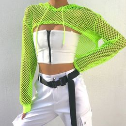 Spring Streetwear Neon Green Mesh Fishnet Top Women Tshirt Perspective Long Sleeve Women's T-shirts Sexy Cropped Shirt