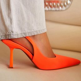 Sandals Women 8.5cm High Heels Orange Lady Slingback Mules Pointed Toe Low Pumps Purple Green Party Fetish Prom ShoesSandals