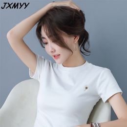 super explosive small chrysanthemum real s women's embroidery high stretch women's short-sleeved T-shirt JXMYY 210412