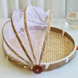 1PC Bamboo Tent Baske Round Hand-Woven Fruits Food Container Serving Mesh Cover Tent Dustproof Storage Basket Kitchen Tools Y220526