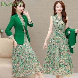 Spring Autumn Suit Jacket Dress Two-piece Women's Elegant Blazers Floral Long Skirt Set Female Office Professional Wear 220509