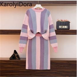 Women's suit Autumn Winter Irregular Striped Knitted Sweater Pullovers and Bodycon Pencil Skirts 2 Pieces Sets Women Warm Suit 201201