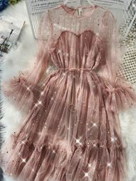 New Female O-neck Stars Sequined Mesh Shiny Fairy Dress Women Elegant Bling Gauze Princess Puff Dresses Vestidos De Fiesta