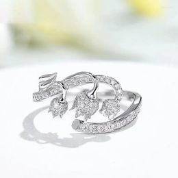 Wedding Rings Luxury Silver Color White Zircon Stone Elegant Rose Flower Bud Engagement Bridal Open RIng Fashion JewelryWedding Edwi22