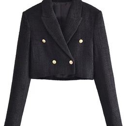 TRAF Women Fashion Tweed Cropped Blazer Coat Vintage Long Sleeve Front Buttons Female Outerwear Chic Veste Femme 220813