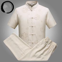 Ethnic Clothing Summer Linen Short Sleeve Set Men Male Chinese Traditional Tang Suit Vintage Costume Buckle Embroidery Casual Shirt Pants Ou