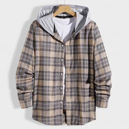 Men's Casual Shirts Hooded Long Sleeve Men Women 2022 High Quality Plaid Printed Couple Wear Hip Hop Streetwear FM4051Men's