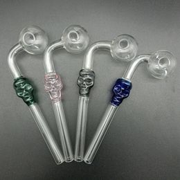 Glass Oil Burner Pipe Ball OD 30mm Clear Curved Smoking Pipes with Colorful Skull Head Burning Tobacco Herb Water Bong Nail Tube