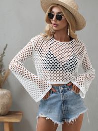 MAYCAUR Spring and Summer Pullover Knitted Sweater Trumpet Sleeve Loose Round Neck Hollow Sweater Women 220815