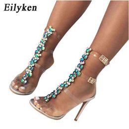 Sandals Eilyken PVC Jelly Blue Crystal Sandals Open Toed High Heels Sexy Buckle Strap Women Sandals Pumps Silver size 35-42 220316