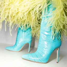Croc-Pattern Stiletto Topuklu Botlar Deri Saçlı Ayak Ayağı Diz Yüksek Kadın Botları Kış Kırışan Ayakkabı Zarif Lüks