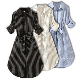 Striped Women Dress Tunic Long Sleeve Elegant Shirt Blue White Black Spring Summer Ladies Casual Stripe Mini es 220418