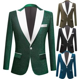 Men's Glitter Silk Suit Jacket Groom Wedding Slim Tuxedo Lapel Neck Single Button Singer Host Stage Business Blazer Black Plus Size