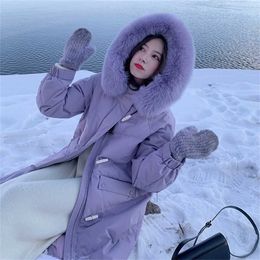 horn buckle winter jacket ladies warm and thick down pure cotton large fur collar long parka coat women loose jacket 211215