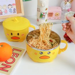 Kawaii Duck Ramen Bowl Double Stainless Steel Large Capacity Student Bento Box Instant dles Bowl With Cover Kitchen Tableware 220418