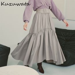 Kuzuwata Autumn Winter Women Jupes Japanese Design High Waist Sashes Pleated Mujer Faldas Swing Irregular Puffy Skirts 220322