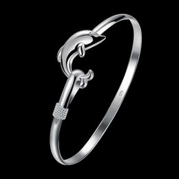 925 hot Factory Sterling Silver Direct fine cute dolphin bangle for Women adjustable Girl student Jewelry Fashion Party Gifts