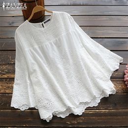 ZANZEA Fashion Lace Tops Women's Autumn Blouse Casual Pleated Hollow Blusas Female 34 Sleeve Shirts Plus Size Tunic 5XL T200322