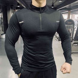 Fitness T-Shirts Tshirts Workout Breathable Fit Sport Gym Quick dry Clothing Running Long Sleeve stand collar zipper T Shirt L220704