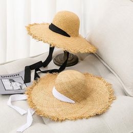 Wide Brim Hats Summer Raffia Straw Hat Women Outing Sun Beach Fashion Girls Protection Ribbon Visor Casual Lady Elob22