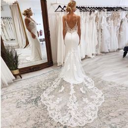 Boho Wedding Dress 2022 Appliques V Neck Backless Lace Mermaid Bridal Gowns Spaghetti Strap Sexy Country Wedding Party Dresses