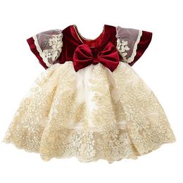 Girl's Dresses Baby Girls Dress Embroidery Kids Elegant Wedding Ball Gown Children Birthday With Big Bow 0-4YGirl's