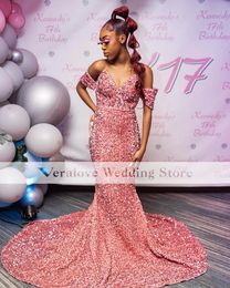 Rose Pink Sparkly Prom Dresses For Black Girls 2k22 Off Shoulder Evening Gowns Celebrity Party Wear for Event