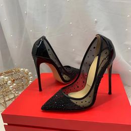 Casual Designer Sexy Lady Fashion Women Shoes Black Mesh Glitter Strass Crystal Pointy Toe Stiletto Heels Zapatos Mujer Prom Evening Pumps 12CM Large size 44