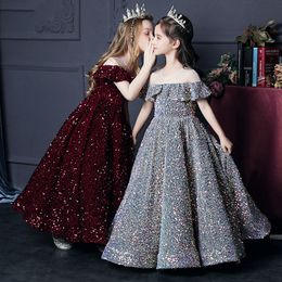 Luxury Silver Bling Sequin Girls Pageant Dresses Fluffy Off the Shoulder Ruched Flower Girl Dresses Ball Gowns sequined Party dresses for Girls