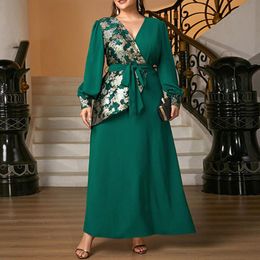 Plus Size Dresses Women Dress V-neck Floral Print Lacing Lantern Sleeve Ethnic Style Retro Slim Large Pendant Dark Green Ladies DressPlus